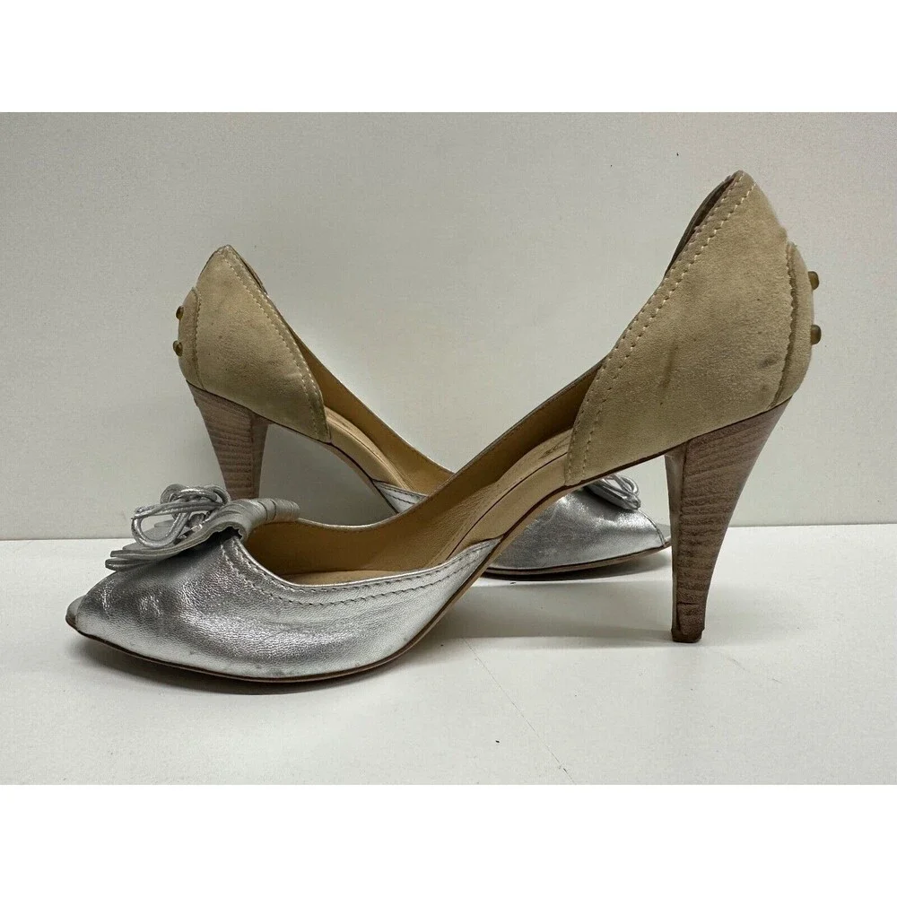 TOD'S women size 6.5 open Toe slip on silver & beige leather & suede pumps